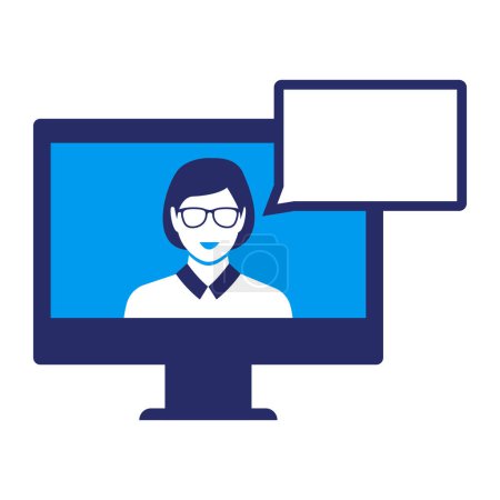 Téléchargez les illustrations : Femme parlant sur l'icône de l'écran d'ordinateur, e-learning et concept d'assistance - en licence libre de droit