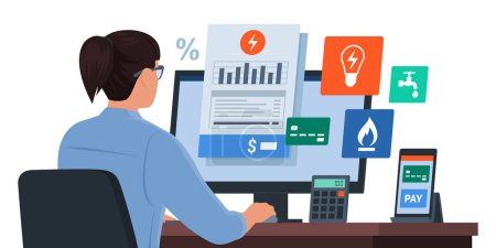 Illustration for Woman sitting at desk and paying utility bills online using her computer - Royalty Free Image