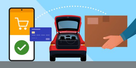 Illustration for Online purchase order and curbside pickup: user placing an order online and picking it up at the store - Royalty Free Image