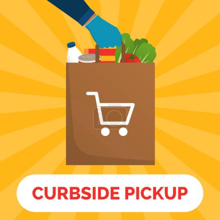 Ilustración de Empleado del supermercado sosteniendo una bolsa de comestibles completa: concepto de servicio de recogida en la acera - Imagen libre de derechos