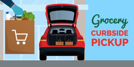 Illustration for Grocery curbside pickup service at the supermarket: supermarket employee putting grocery bags in a car trunk - Royalty Free Image