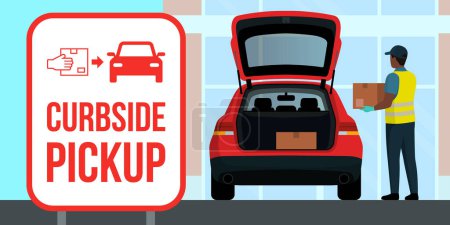 Illustration for Curbside-pickup out of the store: man putting boxes in a car trunk - Royalty Free Image