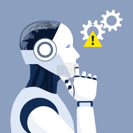 Verwirrtes KI-Roboter-Denken mit der Hand am Kinn, Versagen der künstlichen Intelligenz und Systemfehler-Konzept