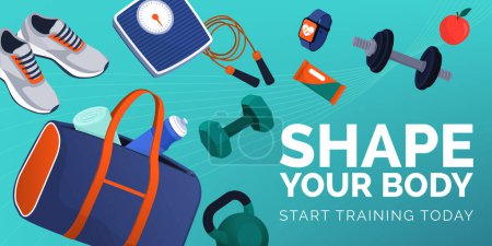Illustration for Workout equipment coming out from the gym bag: fitness and sport concept, banner with copy space - Royalty Free Image