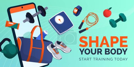 Illustration for Fitness and workout equipment coming out from a smartphone screen, online fitness app concept - Royalty Free Image