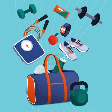 Illustration for Workout equipment coming out from the gym bag: fitness and sport concept - Royalty Free Image