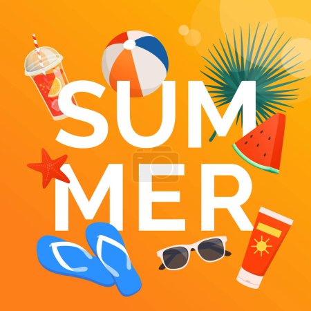 Téléchargez les illustrations : Texte d'été entouré d'accessoires de plage colorés, nourriture, boisson et feuille de palmier : vacances et concept de voyage - en licence libre de droit