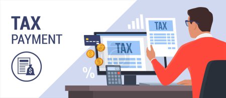 Illustration for Online e-tax payment on computer: man checking tax forms on his computer and paying with a credit card - Royalty Free Image
