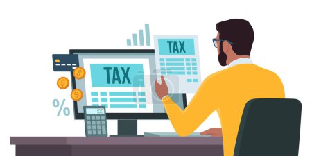 Ilustración de Pago de impuestos electrónicos en línea en la computadora: hombre comprobando los formularios de impuestos en su computadora y pagando con una tarjeta de crédito - Imagen libre de derechos