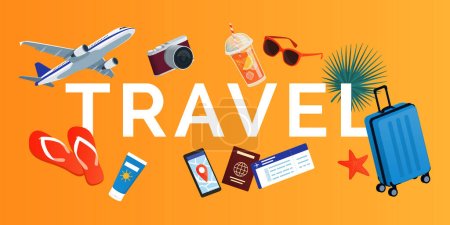 Travel text surrounded by travel items and beach accessories: travel and tourism concept