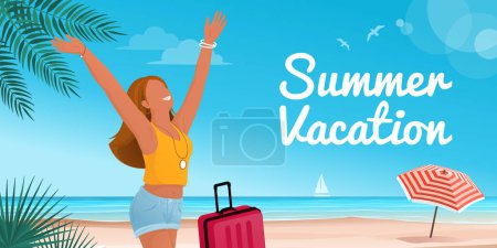 Téléchargez les illustrations : Happy touriste femme à la plage : vacances d'été et concept de voyage - en licence libre de droit