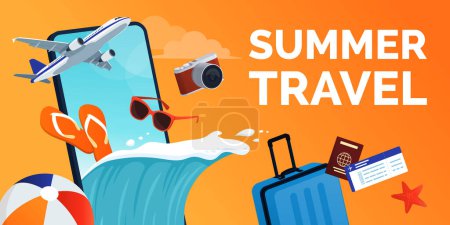 Smartphone with beach accessories, travel items and ocean wave coming out of the screen: summer vacations and online travel booking concept