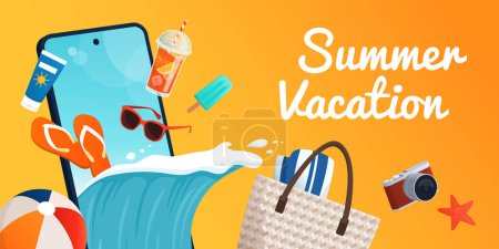Illustration for Smartphone with beach accessories and ocean wave coming out of the screen: summer vacations and online travel booking concept - Royalty Free Image