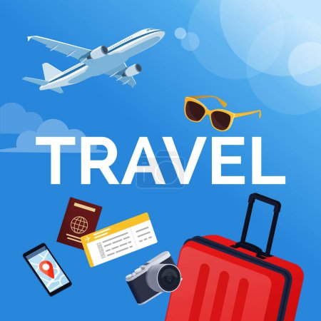 Reisetext mit Reiseaccessoires und Flugzeugfliegen im Hintergrund: Internationales Reise- und Tourismuskonzept