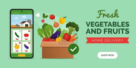Ilustración de Comprar verduras y frutas frescas granja en línea directamente desde el agricultor: aplicación de teléfono inteligente y caja llena de verduras frescas, pancarta con espacio para copiar - Imagen libre de derechos