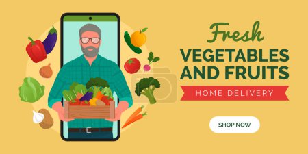 Ilustración de Comprar verduras y frutas frescas de granja en línea: agricultor en una pantalla de teléfono inteligente que sostiene una caja con verduras y frutas frescas - Imagen libre de derechos