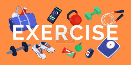 Illustration for Word exercise surrounded by training equipment, healthy food and devices: fitness and workout concept - Royalty Free Image