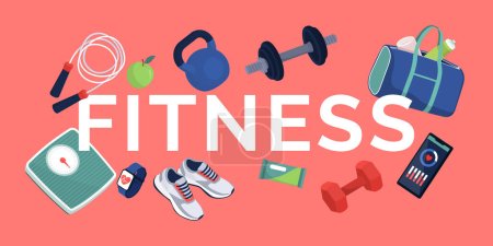 Illustration for Word fitness surrounded by training equipment, healthy food and devices: exercise and workout concept - Royalty Free Image