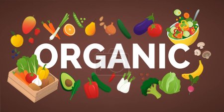 Illustration for Word organic surrounded by fresh healthy vegetables and fruits: farming and healthy food concept - Royalty Free Image