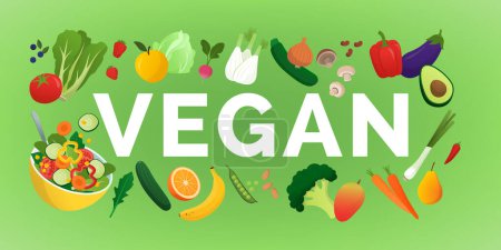 Ilustración de Palabra vegana rodeada de verduras frescas, frutas y una ensaladera, concepto de dieta vegana - Imagen libre de derechos