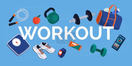 Illustration for Word workout surrounded by training equipment, healthy food and devices: fitness and sport concept - Royalty Free Image