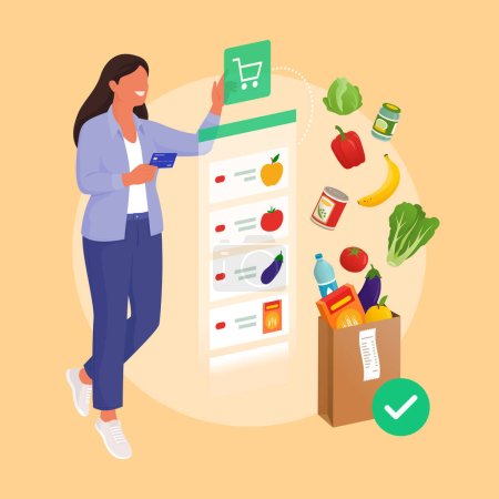 Téléchargez les illustrations : Femme heureuse faisant des courses en ligne sur une interface virtuelle et recevant des épiceries fraîches - en licence libre de droit