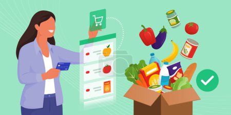 Happy woman doing online grocery shopping on a virtual interface and receiving fresh groceries