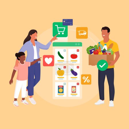 Ilustración de Personas que hacen compras en línea en una interfaz virtual y reciben comestibles frescos - Imagen libre de derechos