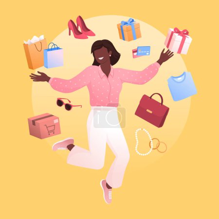 Téléchargez les illustrations : Femme heureuse faisant des achats en ligne et recevant des achats : concept d'achat et de livraison - en licence libre de droit