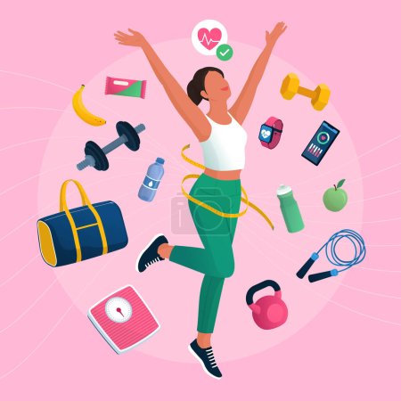 Illustration for Happy fit woman exercising and measuring her waist, she is surrounded by workout equipment - Royalty Free Image