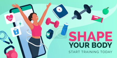 Illustration for Happy fit woman coming out from a smartphone screen and fitness equipment tools - Royalty Free Image