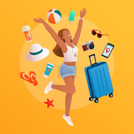 Ilustración de Mujer feliz saliendo de vacaciones de verano, ella está rodeada de viajes y accesorios de playa - Imagen libre de derechos