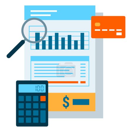 Ilustración de Informe financiero, lupa, calculadora y tarjeta de crédito: banca en línea, concepto de gestión y contabilidad - Imagen libre de derechos