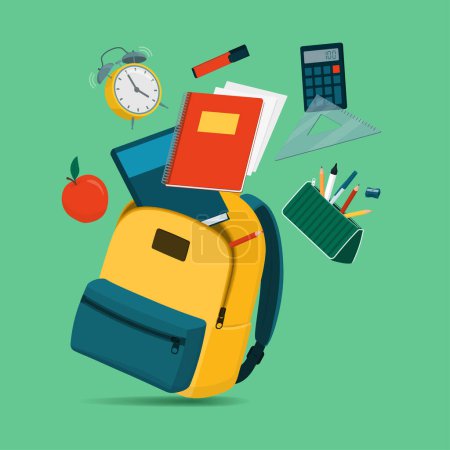 Téléchargez les illustrations : Équipement scolaire coloré tombant dans un sac à dos ouvert, concept de retour à l'école et d'éducation - en licence libre de droit