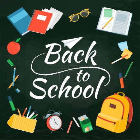 Illustration for Back to school text on chalkboard and school equipment - Royalty Free Image