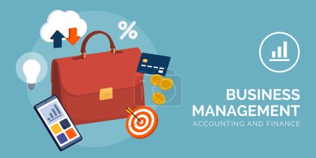 Illustration for Business briefcase surrounded by objects and icons: business management services concept - Royalty Free Image