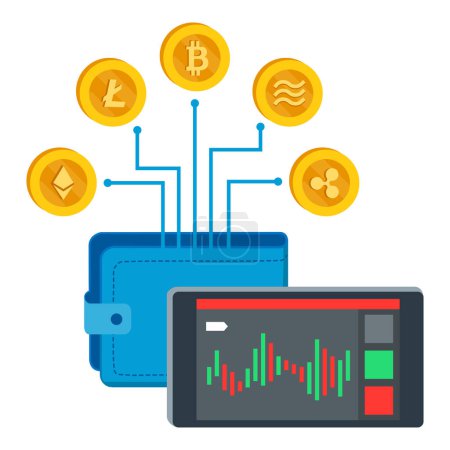 Téléchargez les illustrations : Crypto-monnaie, finance et investissements : app financière, portefeuille virtuel et monnaies numériques - en licence libre de droit