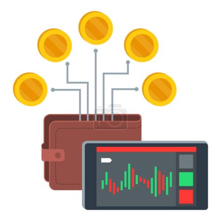 Illustration for Stock market app on smartphone and wallet with currencies - Royalty Free Image