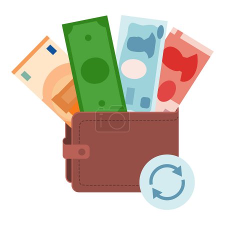Illustration for Wallet with many international currencies: euro, dollar, yen and yuan - Royalty Free Image