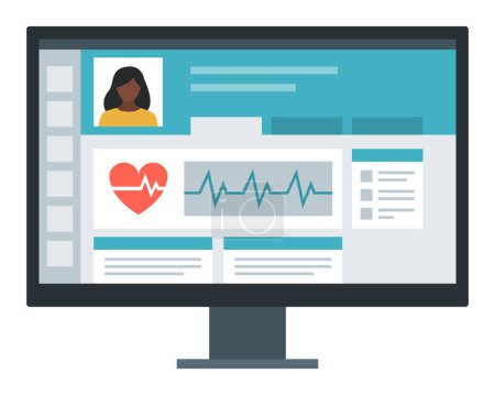 Téléchargez les illustrations : Dossiers médicaux électroniques des patients à l'écran, concept de télémédecine - en licence libre de droit