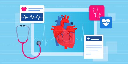 Ilustración de Pantalla virtual interactiva con corazón humano y registros médicos: telemedicina y concepto de médico en línea - Imagen libre de derechos