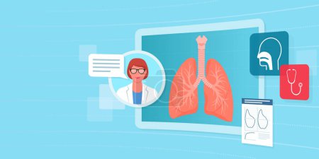 Ilustración de Examen de pulmones humanos en una pantalla interactiva virtual y asesoramiento médico: concepto de salud y tecnología - Imagen libre de derechos