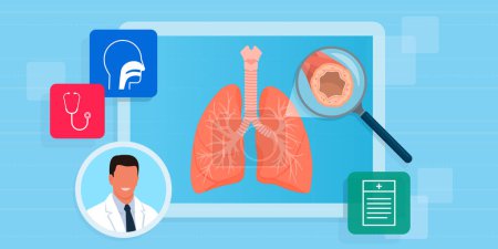 Ilustración de Examen de pulmones humanos en pantalla virtual y consejo médico profesional: telemedicina, concepto de salud y tecnología - Imagen libre de derechos