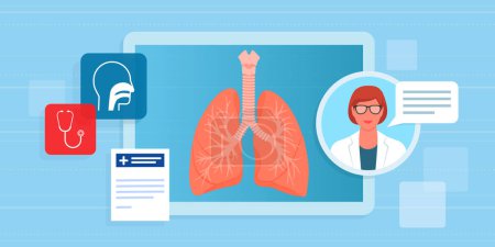 Illustration for Virtual interactive screen with human lungs and professional doctor giving advice on pulmonary diseases and lung anatomy - Royalty Free Image