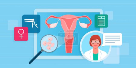 Illustration for Professional gynecologist giving consultation online: uterus examination on virtual screen: telemedicine, healthcare and technology concept - Royalty Free Image