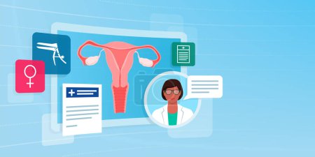 Illustration for Professional gynecologist giving consultation online: uterus examination on virtual screen: telemedicine, healthcare and technology concept - Royalty Free Image