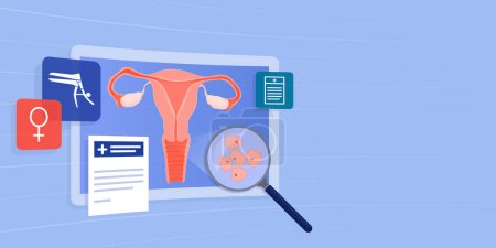 Ilustración de Examen médico de útero en pantalla virtual: telemedicina, ginecología y concepto de tecnología - Imagen libre de derechos