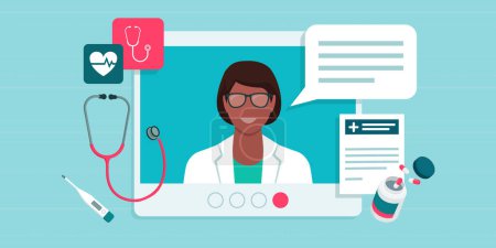 Ilustración de Médico profesional dando consejos sobre una videollamada y equipo médico: concepto de atención médica y médico en línea - Imagen libre de derechos