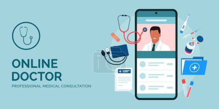 Ilustración de Aplicación médica en línea en el teléfono inteligente: médico profesional en videollamadas y equipos médicos que rodean un teléfono inteligente - Imagen libre de derechos