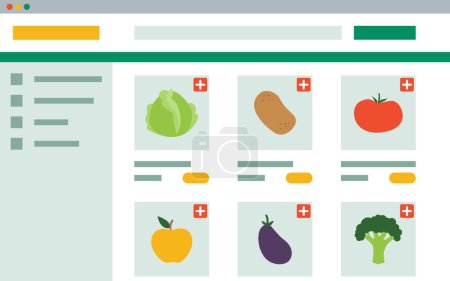 Illustration for Online grocery shopping interface on screen with assorted items on sale - Royalty Free Image